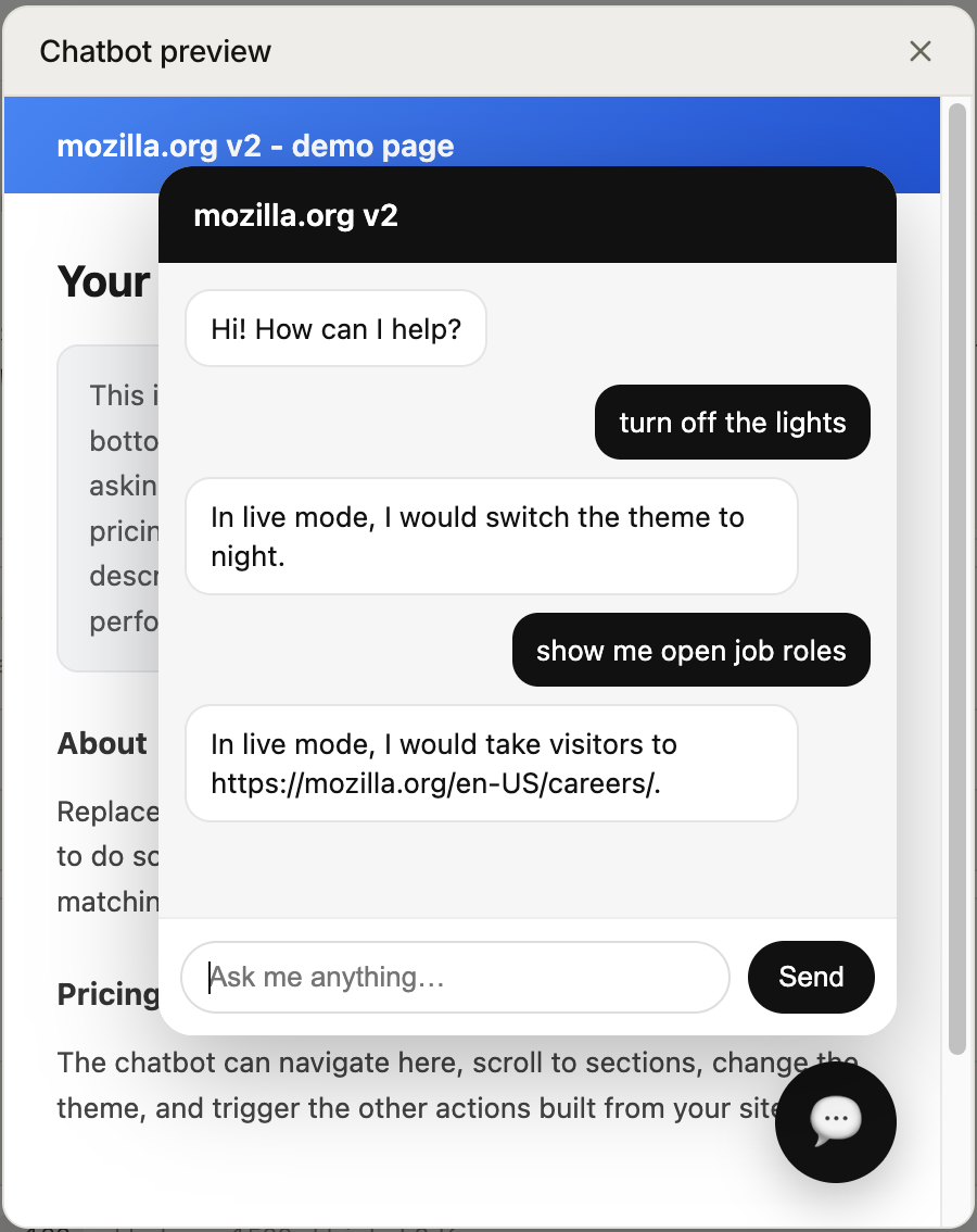 The chatbot widget in the preview